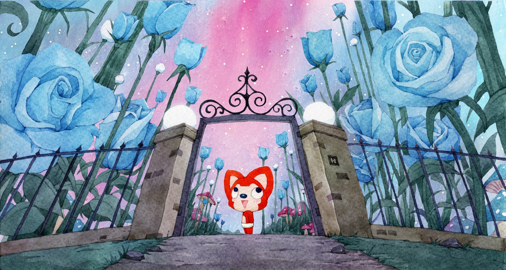 阿狸走进蓝色玫瑰花园的绘本场景