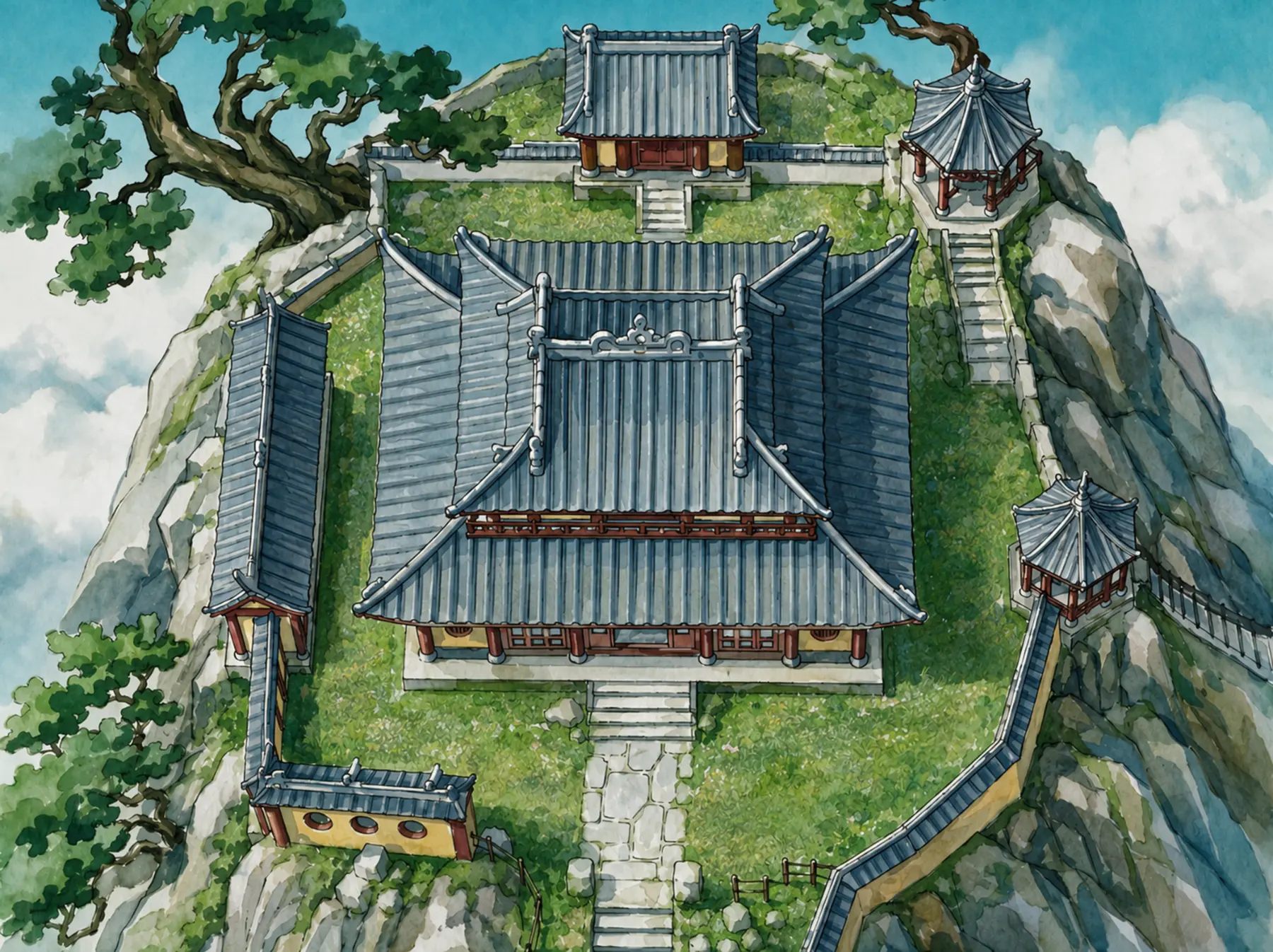 寺庙无人机视角俯拍场景设定