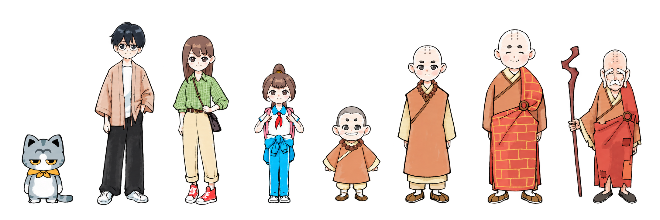 寺庙猫、男女主角与寺院僧侣角色群像